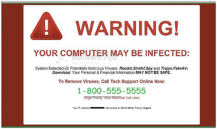 Example of a 1-800 number pop scam: "Warning! Your computer may be infected"