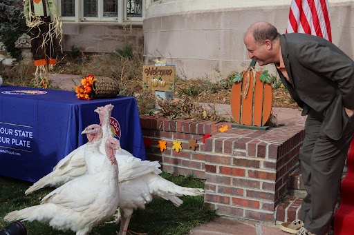 Governor Polis Looks at Four Turkeys 